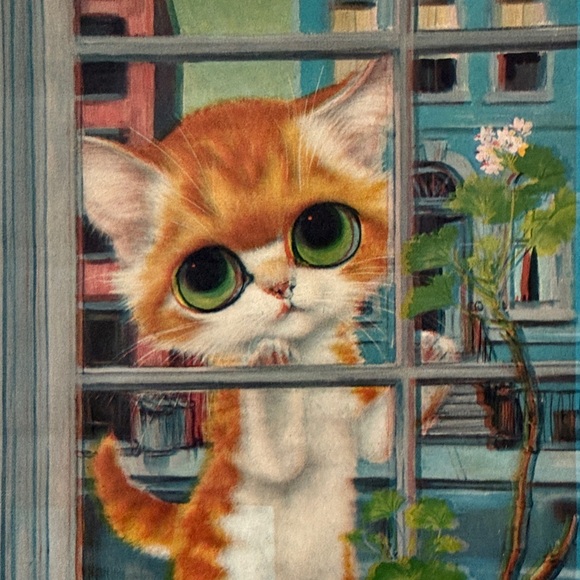 Vintage Pity Kitty Lithograph Print by Gig - Big Eyes Sad Orange Cat - 6”x8” - Picture 1 of 7